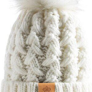 Womens Winter Ribbed Beanie Crossed Cap Chunky Cable Knit Pompom Soft Warm Hat